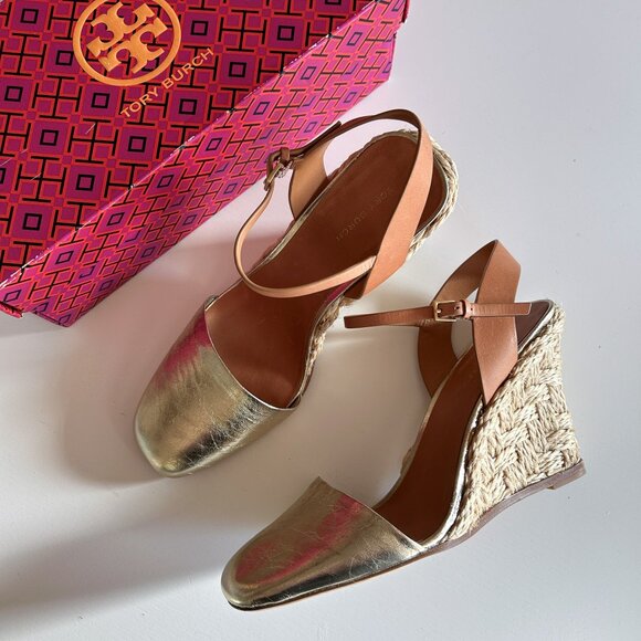 Tory Burch Metallic Gold Leather Closed Toe High Espadrille 95mm Wedge Heels 8 M - Picture 1 of 10